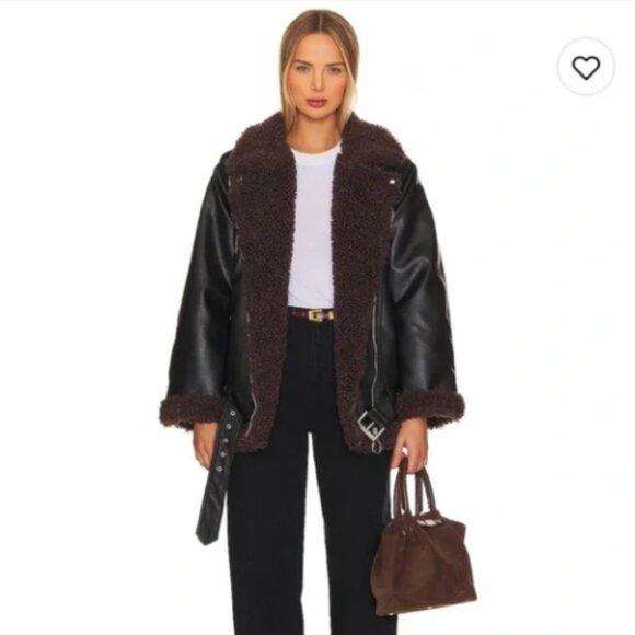 WeWoreWhat Oversized Faux Sherpa Moto Jacket - Black Faux Leather (S/P, NWT) - Picture 1 of 8